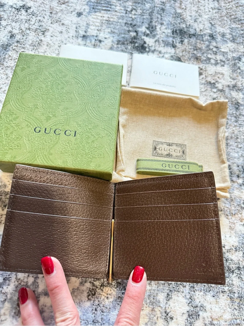 Gucci Brown Leather Money Clip and Card Case with Green and Red Web and Gold GG